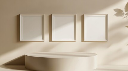 Poster - Three empty frames on a minimalist display pedestal against a soft beige wall illuminated by natural light
