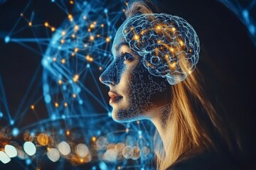 Wall Mural - Psychodynamic theory Memory Woman in a futuristic setting with a glowing brain representing the connection between human intelligence and technological advancements