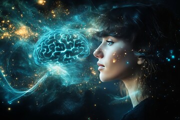 Sticker - Behavioral conditioning Memory Young woman in a cosmic environment with a glowing brain overlay illustrating the limitless possibilities of thought and imagination in a boundless universe