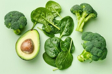 Wall Mural - Fresh green vegetables including avocado, broccoli, and spinach on a light green background