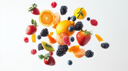 Wall Mural - Flying different fresh fruits in air on white background. Falling fruits mix multifruit