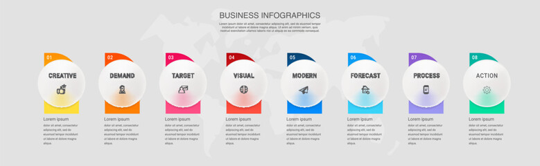 Wall Mural - Vector timeline infographics template with eight circles and options. Blank space for web, infographic, diagram, business, digital network, flowchart, presentations