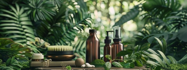 Wall Mural - Natural skincare products in a lush green environment