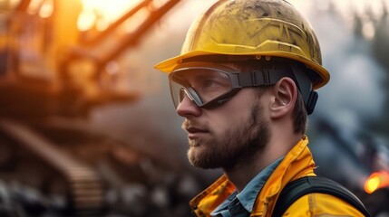 A construction worker stands confidently at sunset, wearing a safety helmet and protective goggles, with heavy machinery in the background highlighting a busy worksite