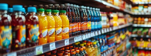 Variety of bottled beverages neatly arranged on supermarket shelves