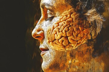 Canvas Print - Stress management Memory Elderly woman with a brain made of puzzle pieces illustrating the challenges of memory and the complexity of cognitive health in old age