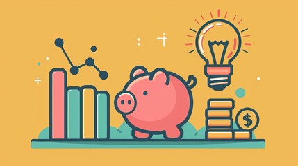 Wall Mural - Piggy Bank with Light Bulb Graph and Coins  Financial Success Illustration