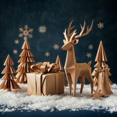 Poster -  Beautiful New Year background, crafted paper,  Christmas decorations, empty space for text. Generative AI