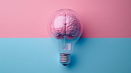 Wall Mural - Brain Inside Light Bulb  Pink and Blue Background