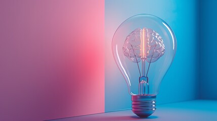 Wall Mural - Brain Inside Light Bulb Pink Blue Background Innovation Idea Concept