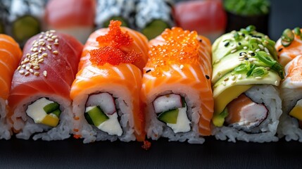 Wall Mural - Sushi roll set. Mixed fresh sushi rolls, beautifully decorated. Japanese food. Asian cuisine. Fish menu