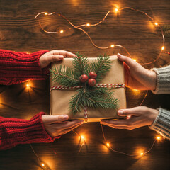 Poster - hands will give a New Year's gift, Christmas atmosphere, holiday and magic . Generative AI