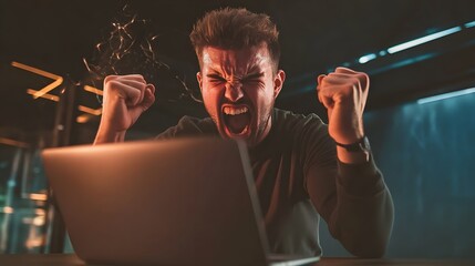 Canvas Print - Man celebrates success while working on laptop.