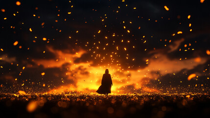 A person stands in a field of fire, surrounded by a cloud of sparks. The scene is dark and ominous, with the person appearing to be alone and vulnerable. The fire and sparks create a sense of danger