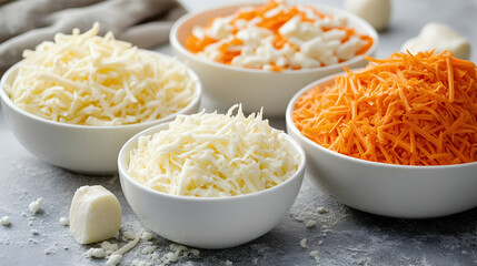 White bowls contain shredded mozzarella and cheddar alongside grated low moisture mozzarella and orange natural cheese made from pasteurized cow milk for pizza