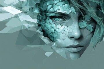 Wall Mural - Neuroimaging Perception Digital art of a womans face breaking into pieces symbolizing the fragility of identity and the disintegration of self in a digital age