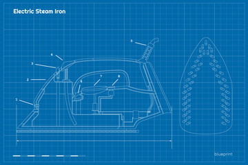 Electric steam iron blueprint. Equipment diagram. Electronic scheme of home appliances. Industrial outline drawing. Inside technology sketch