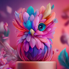 Wall Mural - Portrait of a colorful bird standing on a pedestal. Illustrated animal creative concept.