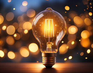 Aufkleber -  Glowing Light Bulb with Bokeh Background- A light bulb emits a warm glow, with a soft b_1(188)