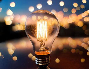 Aufkleber -  Glowing Light Bulb with Bokeh Background- A light bulb emits a warm glow, with a soft bokeh_1(186)