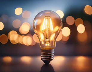 Aufkleber -  Glowing Light Bulb with Bokeh Background- A light bulb emits a warm glow, with a soft bokeh_1(187)