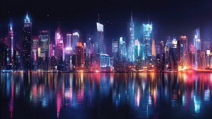 Futuristic city skyline reflected in water