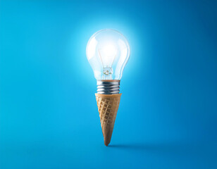 Poster -  Ice Cream Cone with Light Bulb Base on Blue Background, Creative Concept- An ice cream cone_1(210)