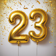 Gold birthday / anniversary balloon, number 23, white background with confetti