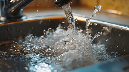 Poster - Closeup of water splashing from a faucet into a stainless steel metal sink with reflection and motion blur  Flowing dripping and splashing water creating an abstract minimalist