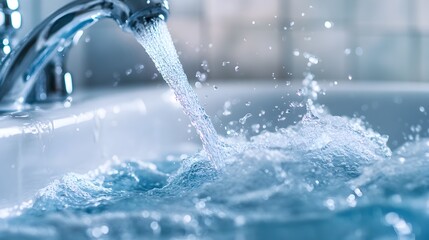 Poster - Closeup view of a steady stream of clear water pouring from a metal faucet into a bathtub creating a refreshing splashing effect
