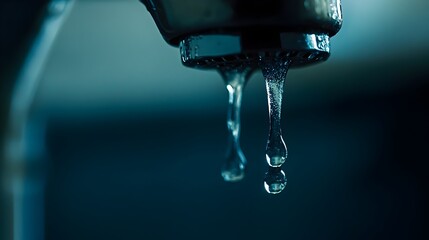 Poster - Closeup Photograph of Delicate Water Droplets Clinging to the Tip of a Faucet Showcasing the Intricate Refractive and Reflective Properties of the Clear Liquid