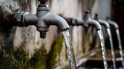 Poster - Closeup of a rustic weathered outdoor faucet or spigot with water flowing from it in a simple natural setting  The liquid creates a serene