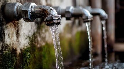 Poster - Closeup view of an old rustic outdoor water faucet with flowing water trickling and splashing down in a natural earthy landscape setting