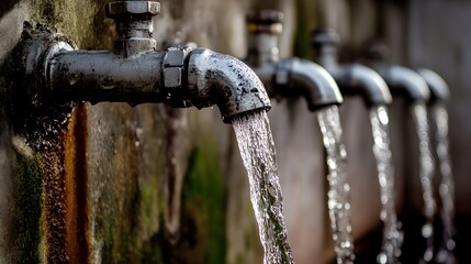 Poster - Closeup shot of a weathered rustic outdoor faucet with water flowing and dripping down creating a natural earthy and refreshing background texture