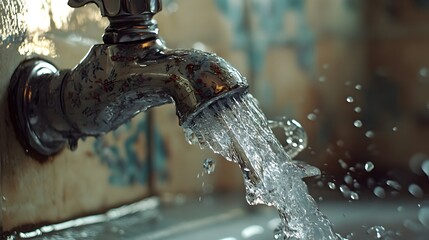 Poster - Detailed Close up Shot of Water Flowing Steadily from a Faucet with a Ceramic Handle Highlighting the Smooth Motion and Transparent Nature of the Liquid