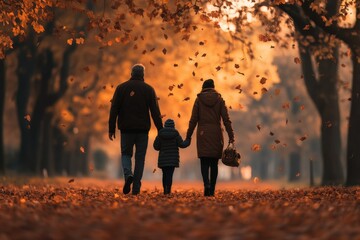 Thanksgiving Day Walk: A family or couple taking a leisurely walk through a park with vibrant autumn colors. They are dressed warmly, and the leaves are falling gently around them, symbolizing the pea