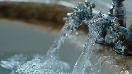 Poster - Close up shot of water streaming forcefully from a chrome faucet with a ceramic handle creating a dynamic abstract like motion and splash pattern
