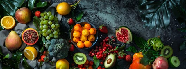 Wall Mural - Top view of a variety of fresh fruits with leaves on a textured background