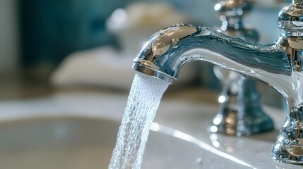 Poster - Close up view of a steady stream of water flowing out from a ceramic faucet handle creating a mesmerizing and calming visual effect  The transparent liquid gently cascades and splashes