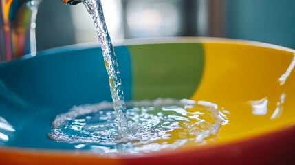 Poster - Close up view of a colorful modern sink with water flowing from a chrome faucet creating a dynamic splash pattern and stream of liquid  The scene showcases the refreshing
