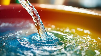 Poster - Closeup view of a colorful modern sink with water flowing gracefully from a chrome faucet creating a calming serene and visually striking composition