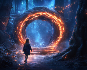 Wall Mural - A girl is walking through a forest with a glowing