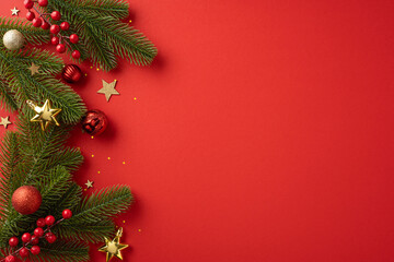 Wall Mural - Festive Christmas arrangement featuring pine branches, red and gold ornaments, and star decorations set against a vibrant red backdrop evoking holiday spirit