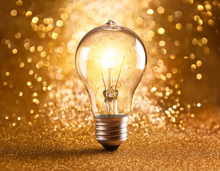 Poster -  Light Bulb on a Golden Sparkling Background, Creativity and Innovation Concept- A light bul_1(222)