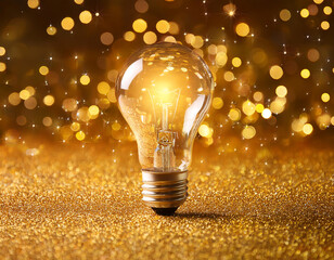 Poster -  Light Bulb on a Golden Sparkling Background, Creativity and Innovation Concept- A light_1(223)