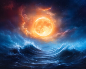 Wall Mural - A painting of a moon and a wave with a blue sky in the background. The mood of the painting is serene and peaceful