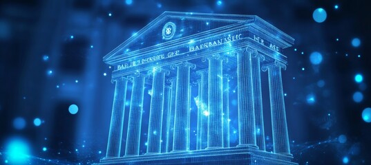 Wall Mural - Digital Illustration Of A Futuristic And Modern Bank Building Against A Blue Lights Background