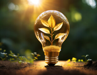 Poster -  Light Bulb with Golden Plant Inside, Eco-Friendly Innovation Concept- A light bulb is d_1(247)