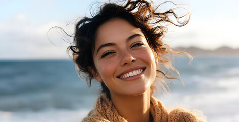 Joyful smiling woman with wavy hair enjoying a windy seaside day in close-up portrait