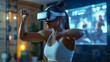 © Tatiana Sdvyzer - Athletic woman wearing VR headset for virtual exercise in home gym environment with vibrant lighting effects